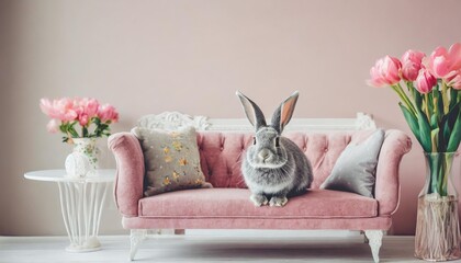 cute grey bunny sitting on a pink sofa elegant easter greeting card or poster muted pastel pink and grey colors living room minimalist interior neutral background with copy space - Powered by Adobe