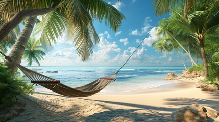 Empty comfortable hammock on the tropic beach with palm trees. Vacation and summer holiday concept,...