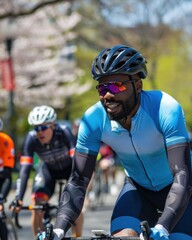 A cyclist wearing a helmet and sunglasses is biking