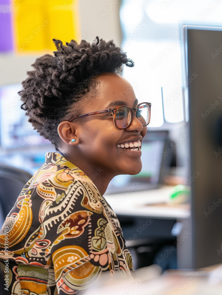 Wall mural Smiling african american woman at her workplace, working hard in the office at her desk. Pleasant working atmosphere