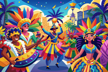 A colorful participants in the Carnaval de Barranquilla in Colombia, with vibrant costumes and lively music filling the streets