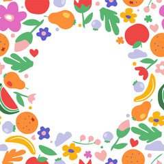Square frame with a rounded area for copy space. Fruits, berries, flowers, plants, abstract shapes. Vector graphics.