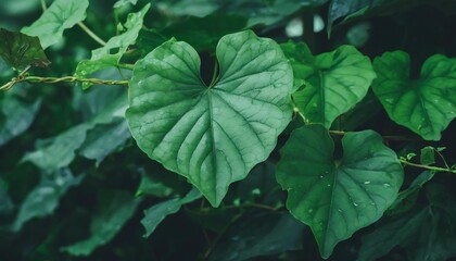 heart shaped green crinkly leaf of coral vine or chain of love antigonon leptopus with young leaves tendrils tropical rainforest jungle vine plant - obrazy, fototapety, plakaty