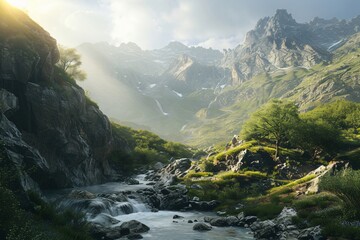 Obraz premium Beautiful natural landscape with high mountains, blue sky and river