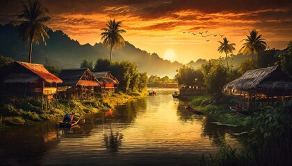 painting style illustration of beautiful nature landscape of rural countryside of southeast asian village at riverside at sunset time generative ai - obrazy, fototapety, plakaty