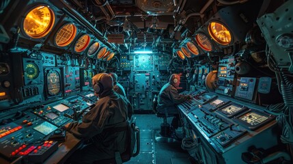 Obraz premium Men in a submarine control room, surrounded by Technology and Darkness