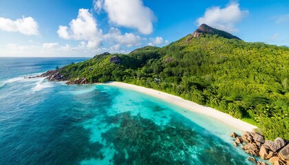 aerial view of la digue beach a beautiful tropical beach along the coastline in la digue and inner...