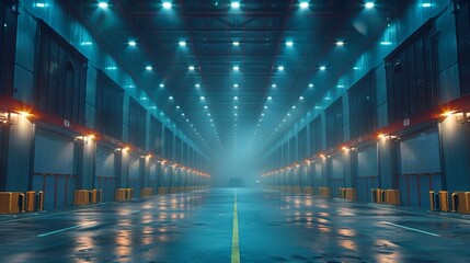 In a modern warehouse there is a ceiling with bright lamps. The picture reflects bright light and a large space for trade, storage, and commercial activities.