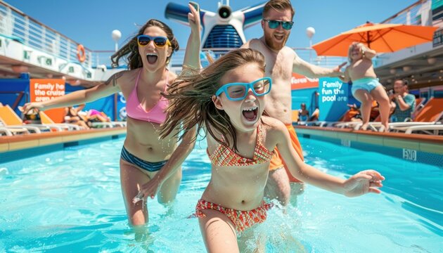 a family is playing in a swimming pool on a cruise ship