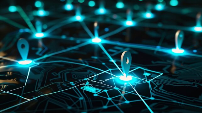 Digital GPS, neon map pin location.  Innovation navigation technology concept, network connection, information pointers