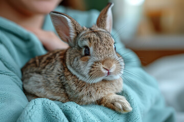 A therapy rabbit providing comfort to individuals in nursing homes, offering gentle interaction and companionship. Concept of rabbit-assisted therapy. Generative Ai.