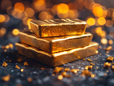 Stack of gold bars on dark surface with shimmering bokeh effect. Wealth and investment concept. Suitable for finance-related design and print, such as banners and brochures