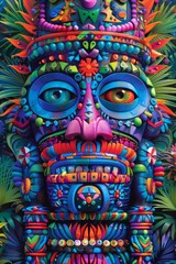Obraz premium A colorful painting of a tiki mask on top of plants, AI