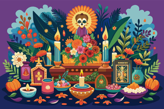 Colorful illustration of a decorated altar for Dia de los Muertos with candles, flowers, sugar skulls, pumpkins, and a picture frame with the word "MEMORY" on a purple and blue background.