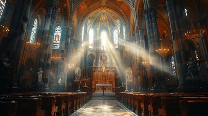 a church with a large alter and a light streaming through the windows and the floor is covered in sunlight.. - obrazy, fototapety, plakaty