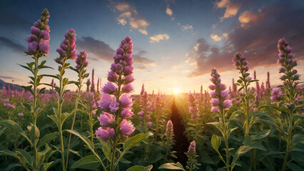 Obraz premium Alfalfa blooming field at sunset time.Medicago sativa flowers on the farm close-up.Generative AI