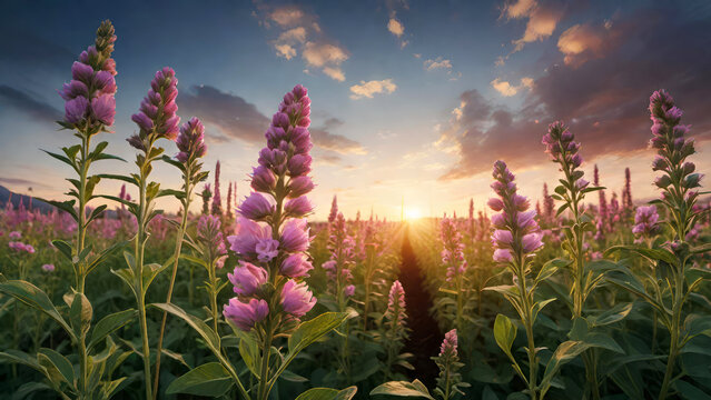 Alfalfa blooming field at sunset time.Medicago sativa flowers on the farm close-up.Generative AI