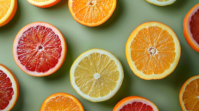 Colorful fruit pattern of fresh orange slices on green background, From top view