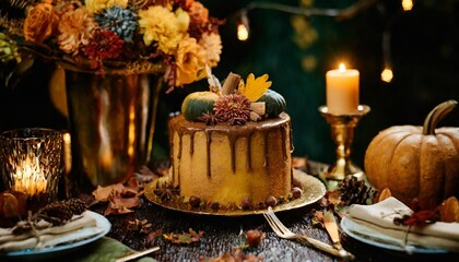 autumn styled cake on a table decorated for a party celebration