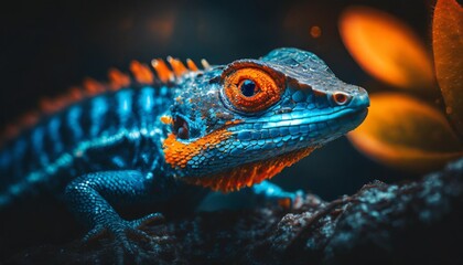 the enigmatic blue lizard with fiery orange eyes a detailed close up of a striking blue lizard with vibrant orange eyes showcasing its unique colors and features - obrazy, fototapety, plakaty