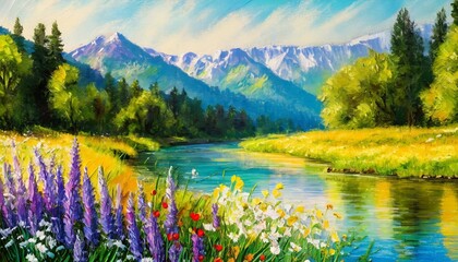 summer landscape flowers on the river bank with trees and mountains in the background oil painting style illustration