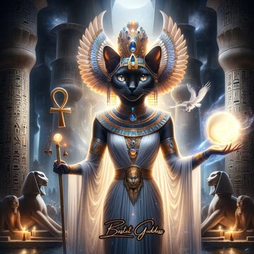 Bastet, the Egyptian cat goddess, stands regally in a temple holding her ankh staff and a glowing sun orb, representing protection and power.