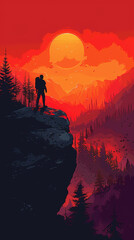 Fototapeta premium illustration silhouette of a person at mountains on a rock