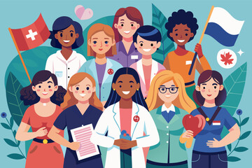 A diverse group of women from various professions standing together, each holding a flag with a symbol representing their field.