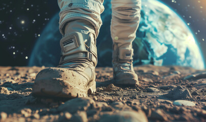 A close-up view of an astronaut's shoes walking on the lunar surface, symbolizing humanity's return to the space race. You can see the Earth in the background.