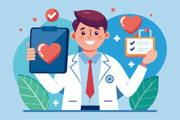 A doctor holds a tablet displaying a healthy heart with a checkmark, signifying a successful diagnosis.