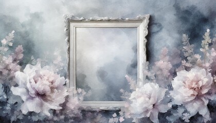 silver frame in the middle watercolor flowers space for text