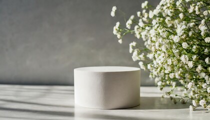 empty white round podium and gypsophila flowers on light grey background showcase for product presentation mockup for beauty cosmetic advertising minimal still life concept copy space front view