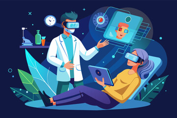 A doctor wearing augmented reality glasses examines a patient's medical scan hovering in the air.