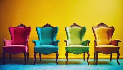 four colorful retro arm chairs in a row with a yellow background