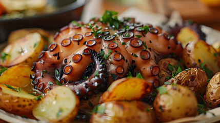 Octopus atop potatoes, garnished with parsley