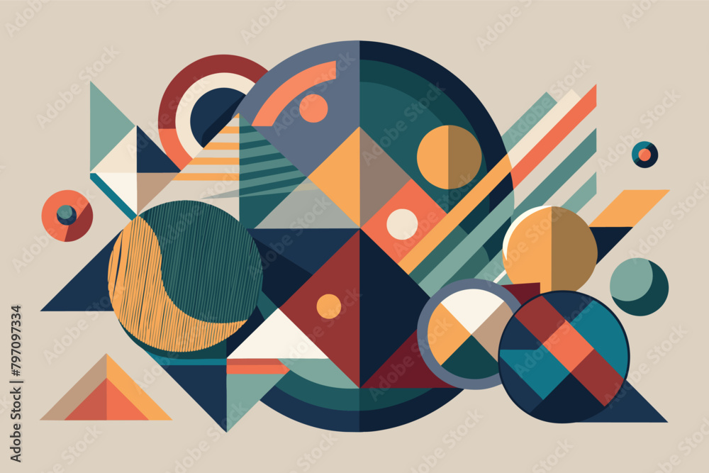 Aufkleber composition of overlapping geometric shapes in a muted color palette.