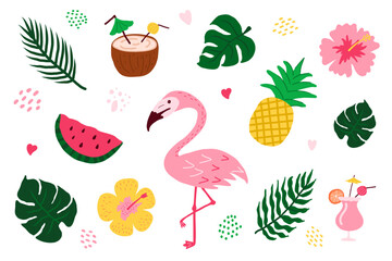 Tropic floral illustrations, palm leaves, hibiscus, pineapple, flamingo, exotic flowers, watermelon, orange, smoothies, juice, milkshake, cocktail. Colorful and cute Hawaii vacation vector set