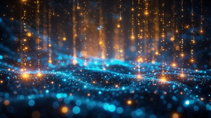 A blue and gold light effect background with sparkles, AI