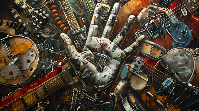 A human hand is depicted in the center of an artwork. encased by musical instruments such as guitars and drums. 