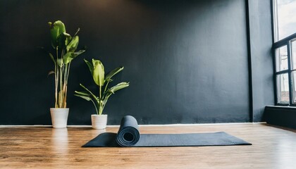 an elegant gym studio with a yoga mat set amidst calming props framed by a large black wall for textual content - obrazy, fototapety, plakaty
