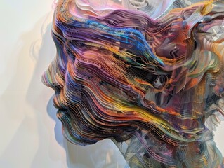 3D rendering of a woman's head made of colorful ribbons
