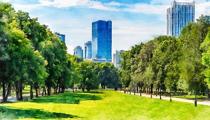 the watercolor picture of the city park with tall trees green lawns and facades of buildings in t