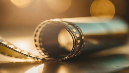 rolled film strip on warm light background macro closeup