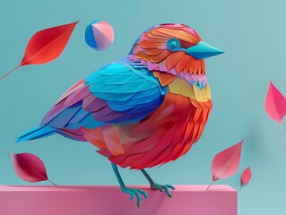 A 3D illustration of a colorful bird with pink, blue, yellow, and orange feathers.