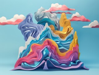 A 3D illustration of a mountain range made of colorful paper cutouts, with a blue sky and white clouds in the background.