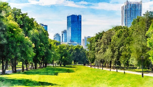 the watercolor picture of the city park with tall trees green lawns and facades of buildings in t