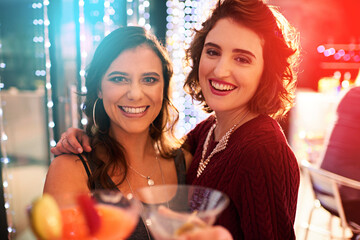 Portrait, cocktail or women with club toast pov for hotel, fun and night, party and celebration....