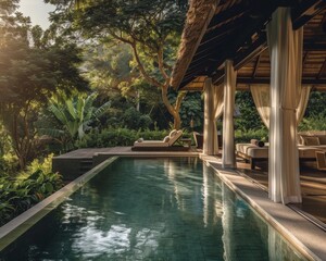 A beautiful infinity pool in a tropical setting with a view of the jungle.