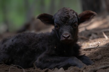 Newborn calf resting in a forest
