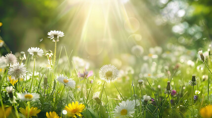 meadow with natural wild simple flowers with sunrays from sky